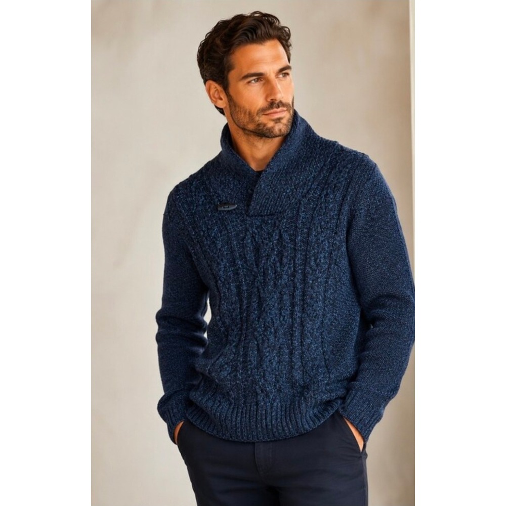 Paolo Mondo Mens XL Navy Cable Knit Shawl Collar Toggle Sweater Italy